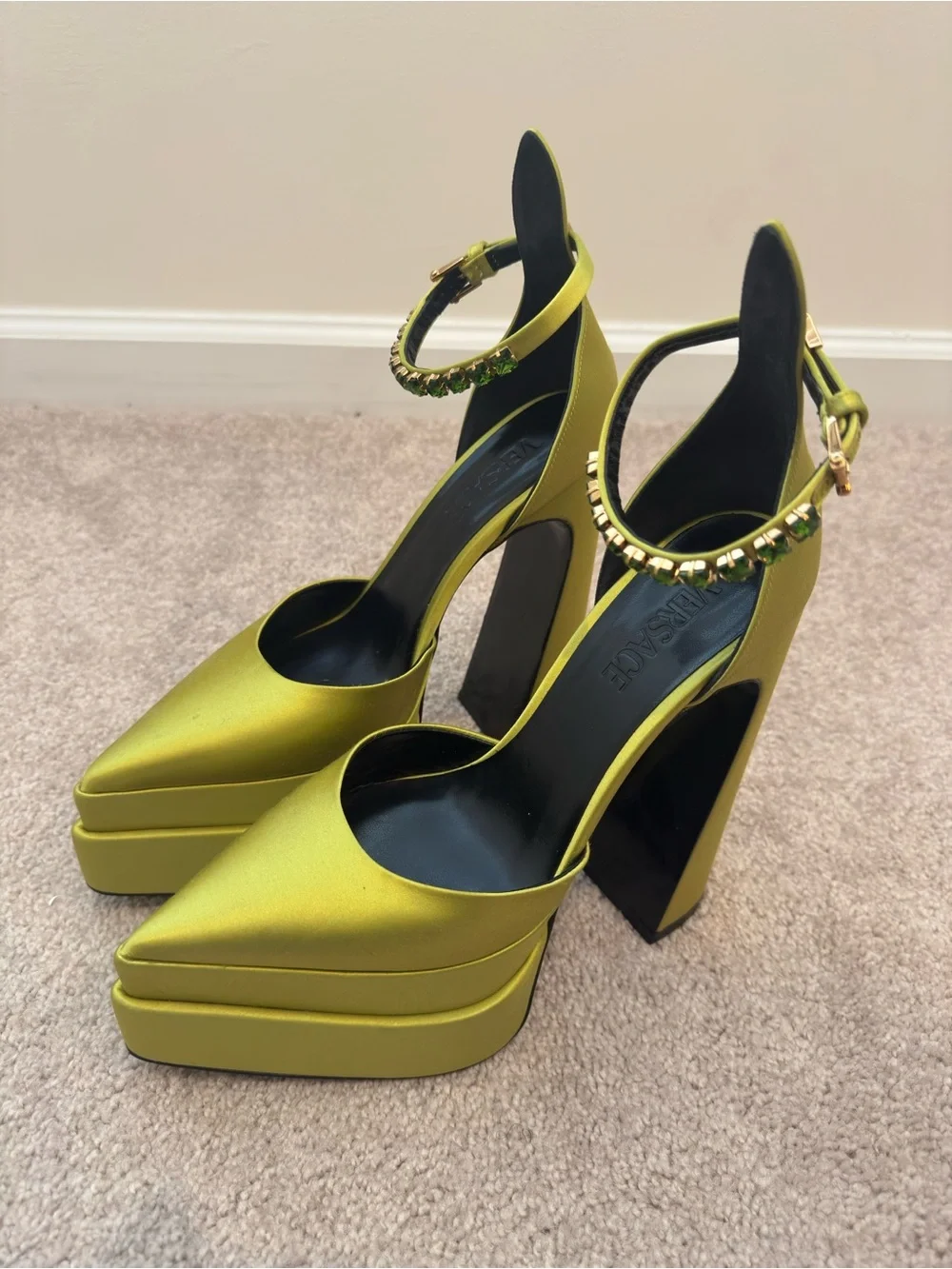 Versace Olive Green Platform Ankle-Strap Pumps with Embellished Buckle